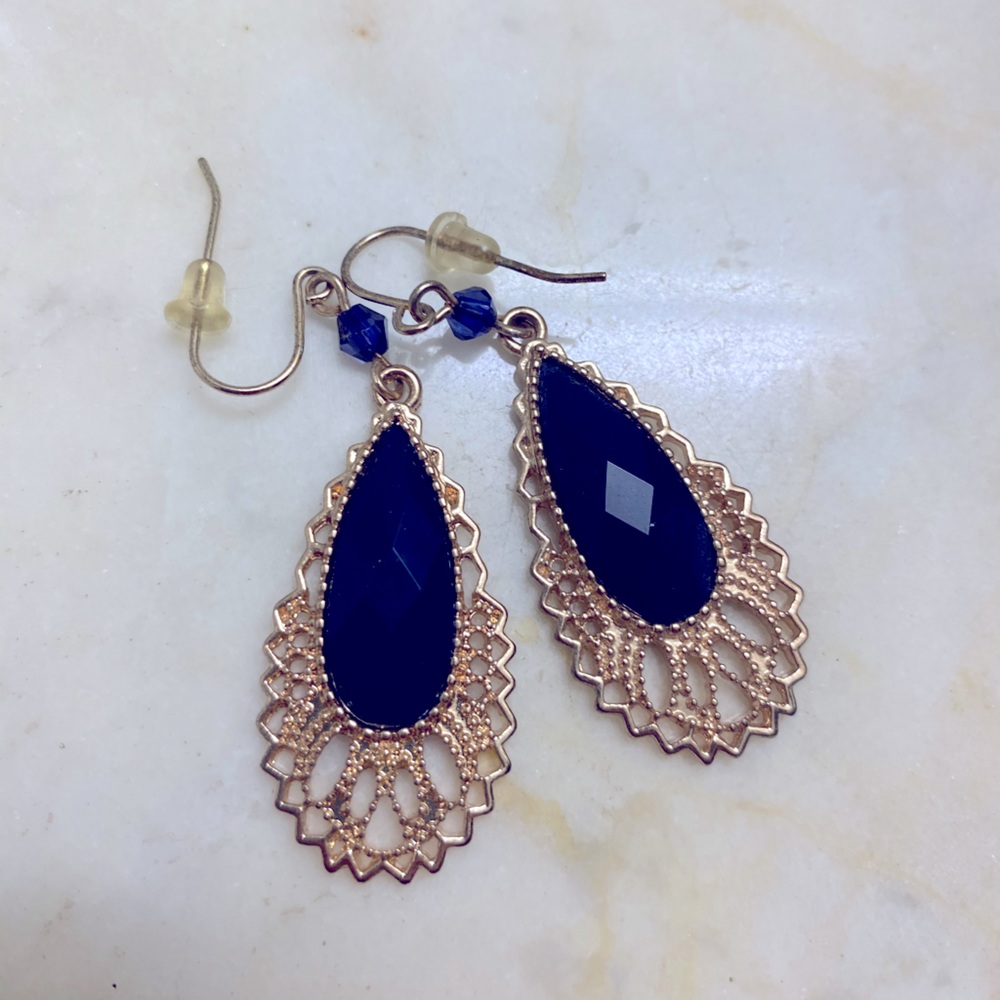 Gold tone and navy stone drop earrings